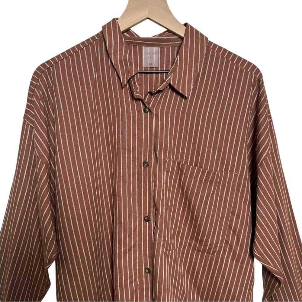 CALIA Womens Medium Brown Button Down Shirt Long Sleeve Linen Rayon Tunic Beach - Picture 5 of 14